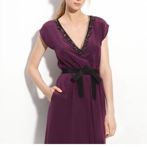 Robert Rodriquez Eggplant Purple Lined 100% Silk Dress Beaded V Neck Size 4
